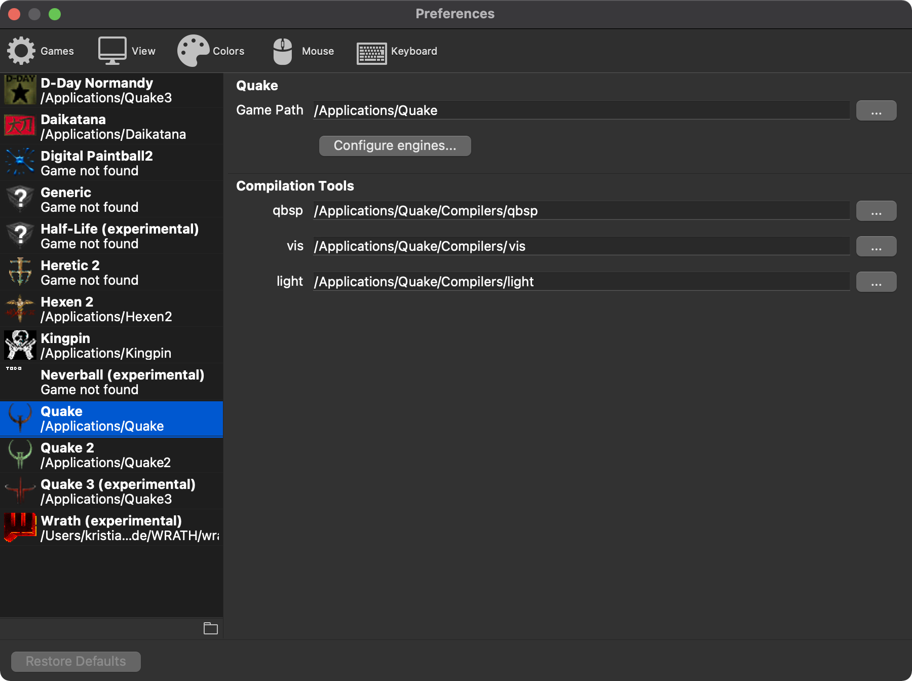 Game Configuration Dialog (Mac OS X)